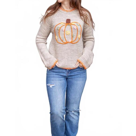 NEW SO ME pumpkin and floral embroidered sweater in beige - Picture 4 of 7